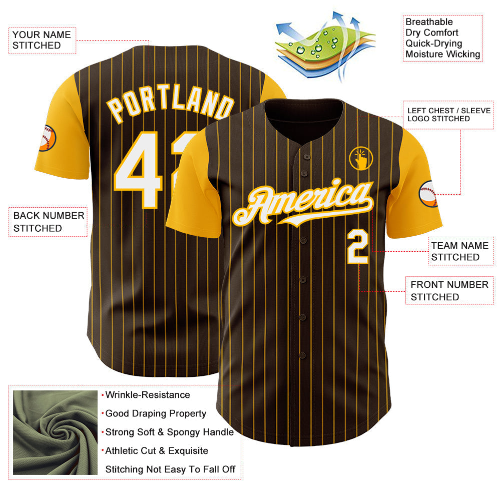 Custom Brown Gold Pinstripe White Authentic Two Tone Baseball Jersey baseball jersey product view 3