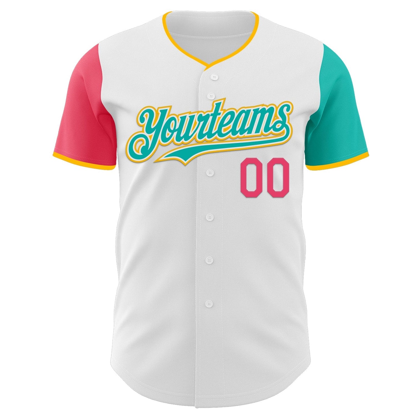 Custom White Neon Pink Aqua-Gold Authentic Two Tone Baseball Jersey baseball jersey product view 2