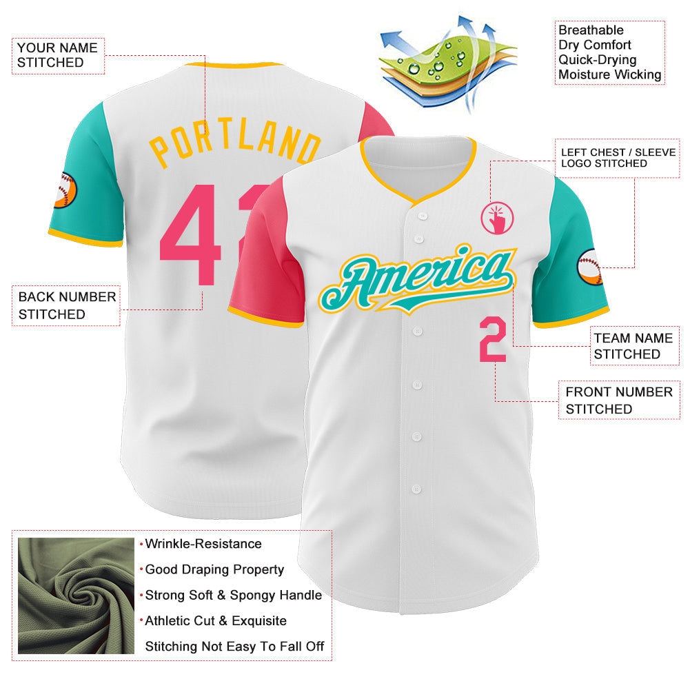 Custom White Neon Pink Aqua-Gold Authentic Two Tone Baseball Jersey baseball jersey product view 3