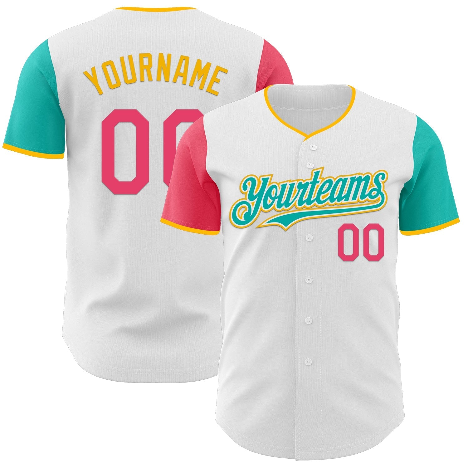 Custom White Neon Pink Aqua-Gold Authentic Two Tone Baseball Jersey baseball jersey product view 1