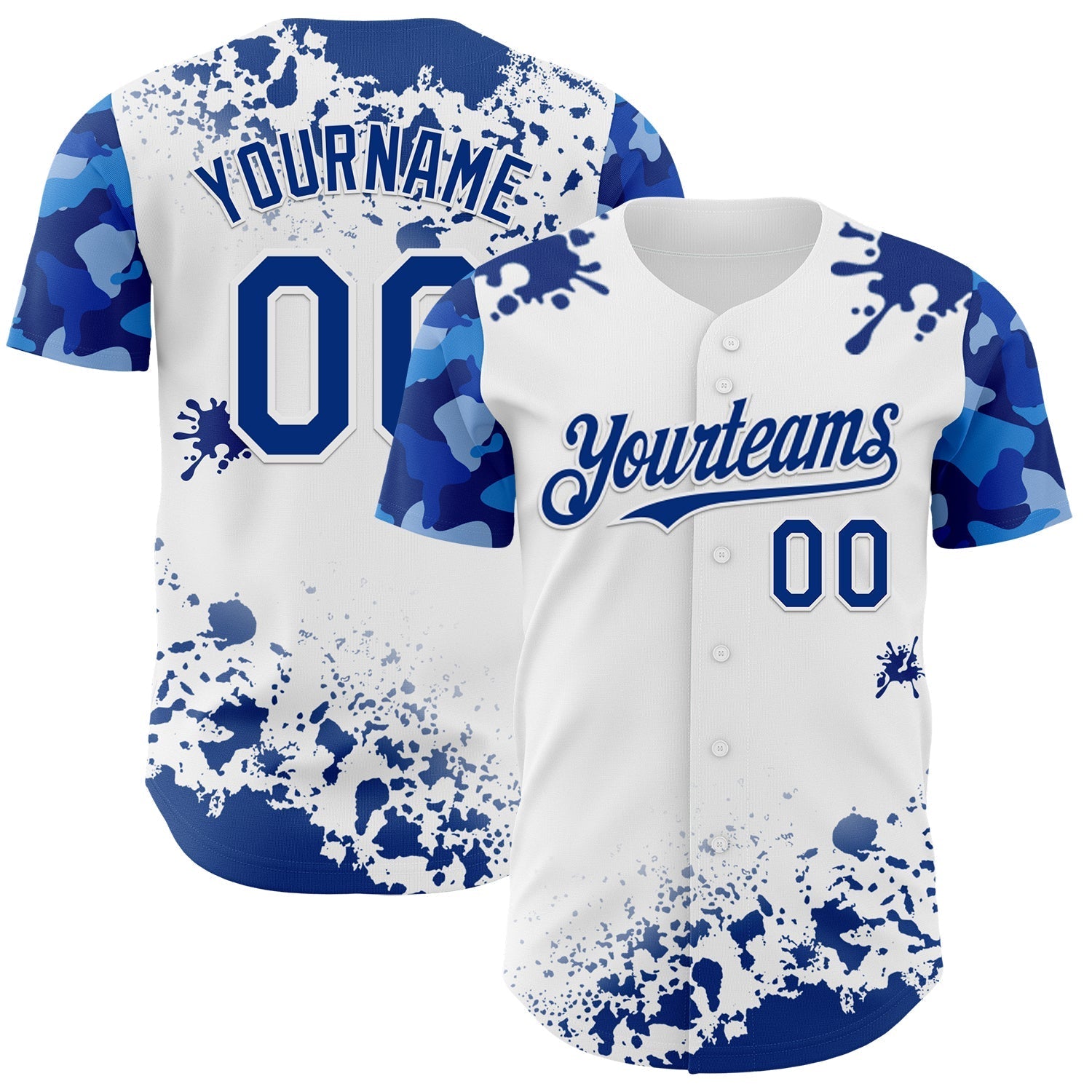 Custom White Royal Splatter Camo Two Tone Authentic Baseball Jersey baseball jersey product view 1