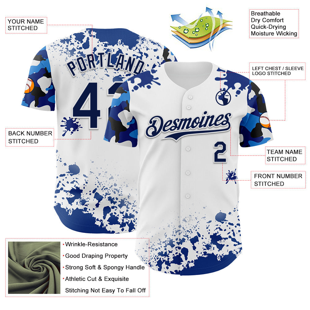 Custom White Navy Splatter Camo Two Tone Authentic Baseball Jersey baseball jersey product view 3