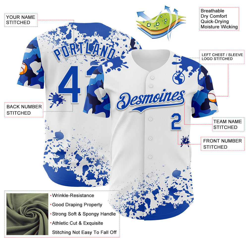 Custom White Thunder Blue Splatter Camo Two Tone Authentic Baseball Jersey baseball jersey product view 3