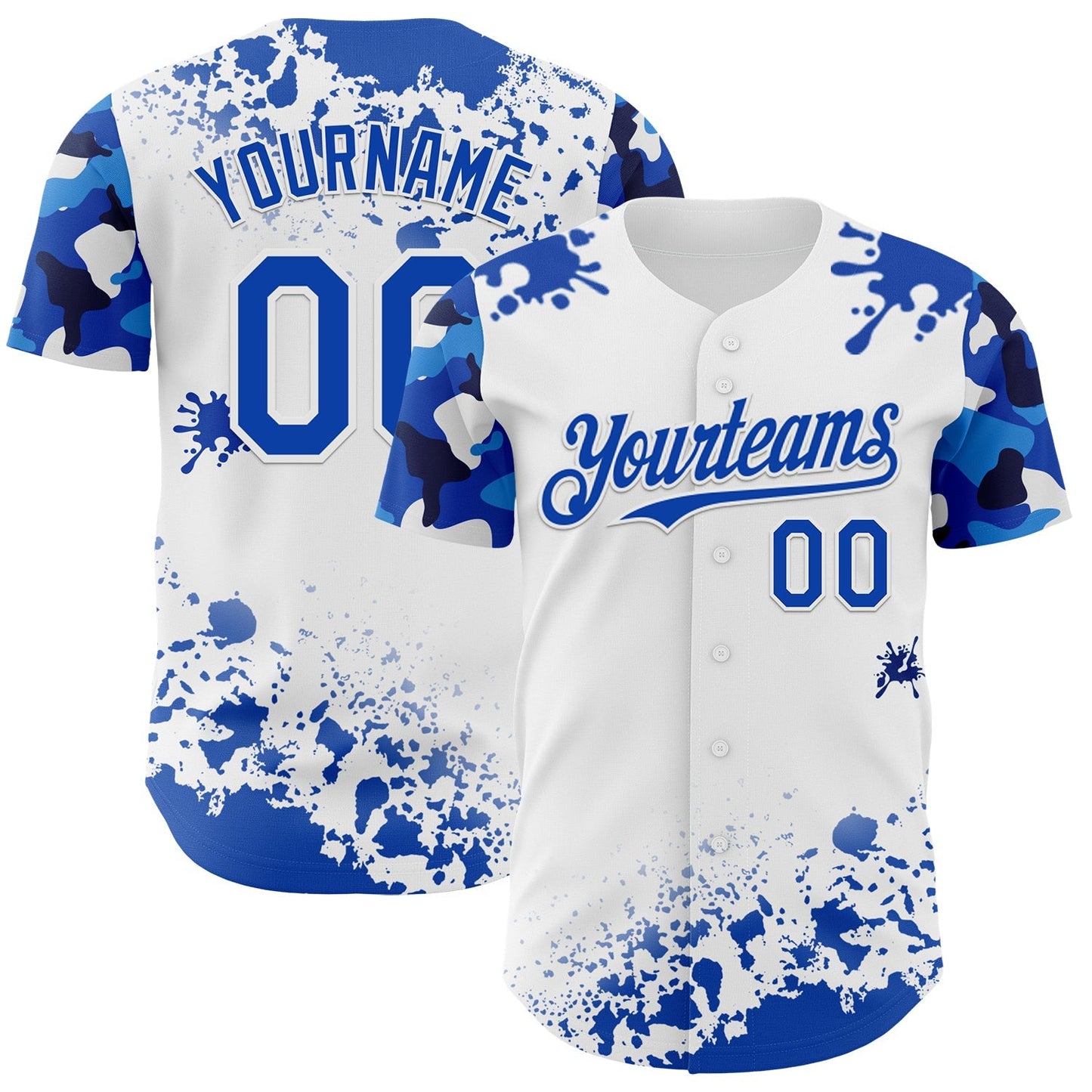 Custom White Thunder Blue Splatter Camo Two Tone Authentic Baseball Jersey baseball jersey product view 1