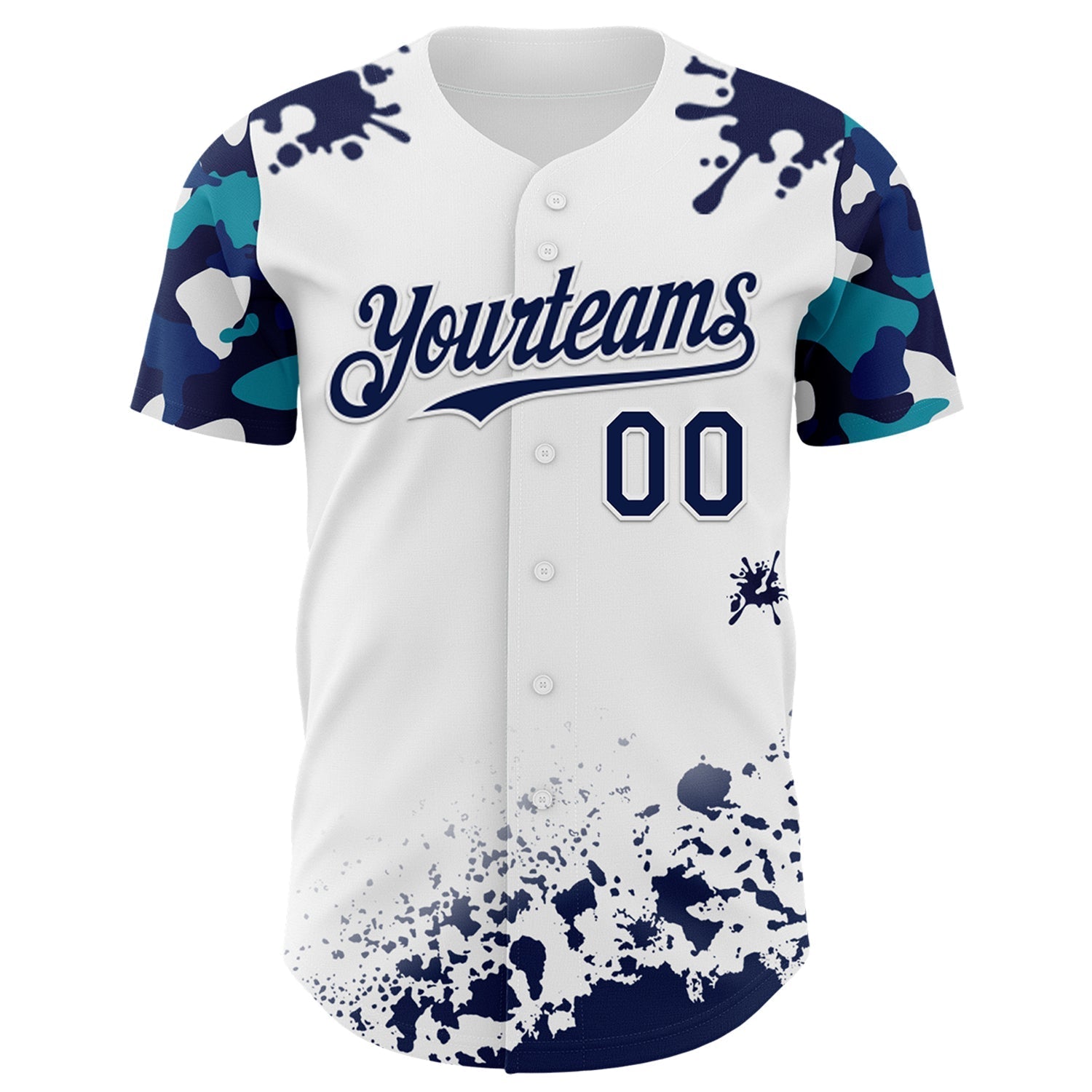 Custom White Navy-Teal Splatter Camo Two Tone Authentic Baseball Jersey baseball jersey product view 2