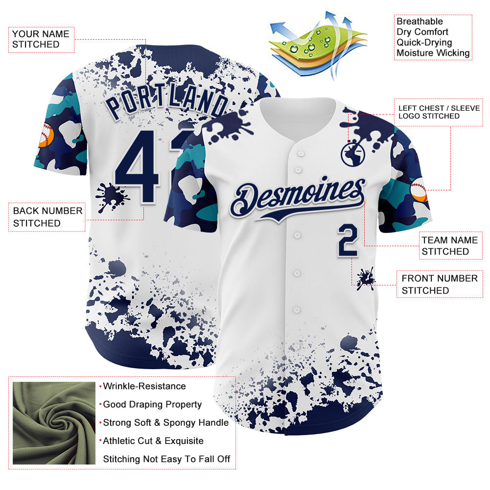 Custom White Navy-Teal Splatter Camo Two Tone Authentic Baseball Jersey baseball jersey product view 3
