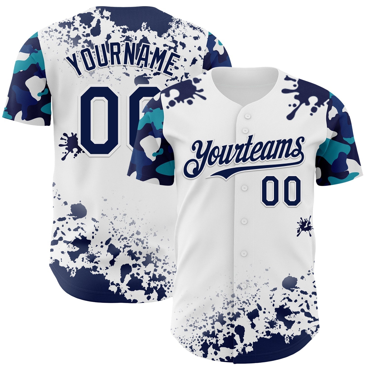 Custom White Navy-Teal Splatter Camo Two Tone Authentic Baseball Jersey baseball jersey product view 1