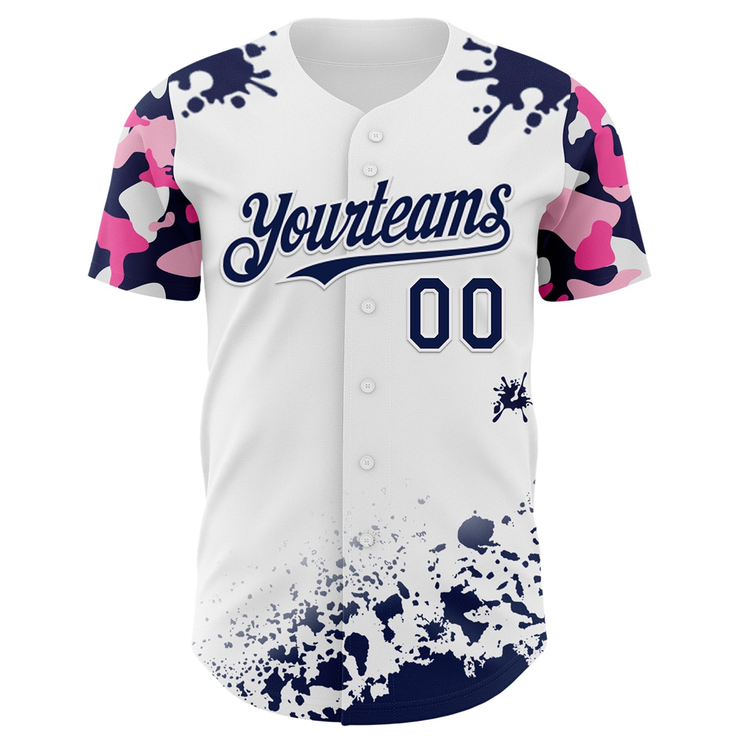 Custom White Navy-Pink Splatter Camo Two Tone Authentic Baseball Jersey baseball jersey product view 2