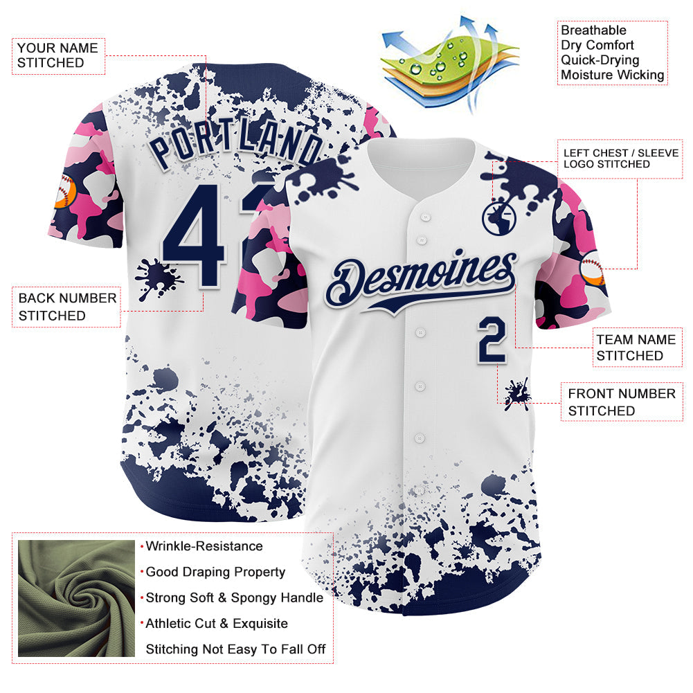 Custom White Navy-Pink Splatter Camo Two Tone Authentic Baseball Jersey baseball jersey product view 3