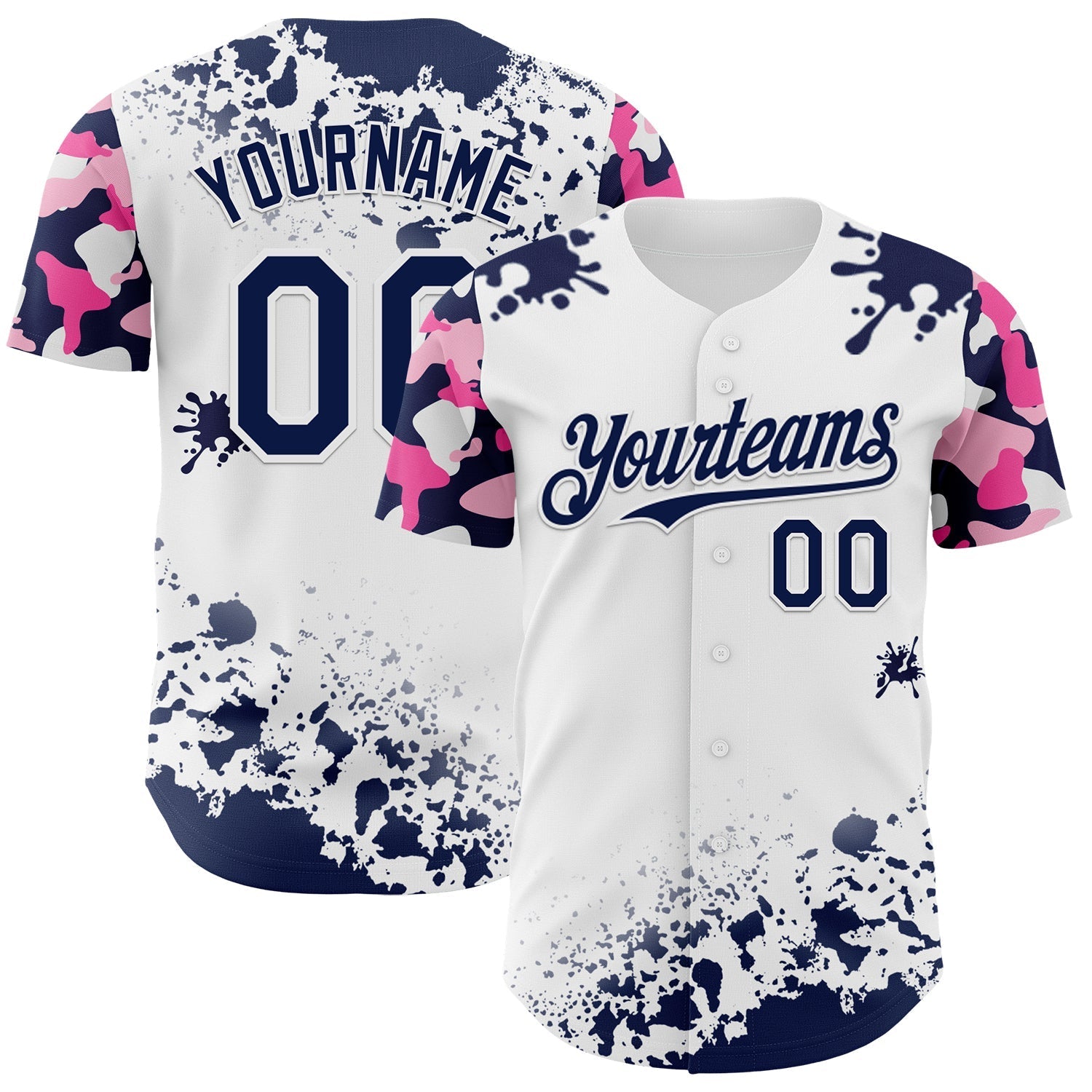 Custom White Navy-Pink Splatter Camo Two Tone Authentic Baseball Jersey baseball jersey product view 1