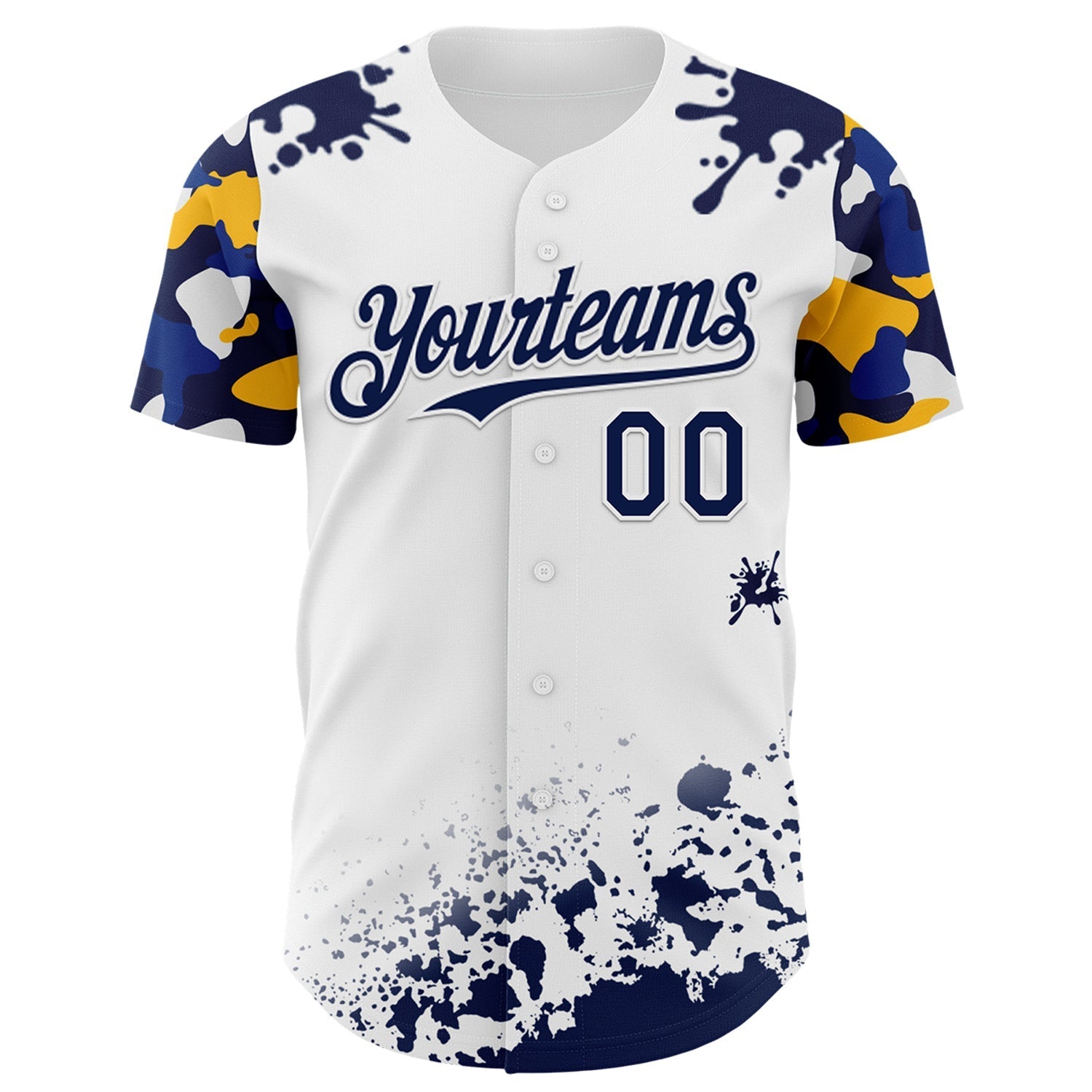 Custom White Navy-Yellow Splatter Camo Two Tone Authentic Baseball Jersey baseball jersey product view 2