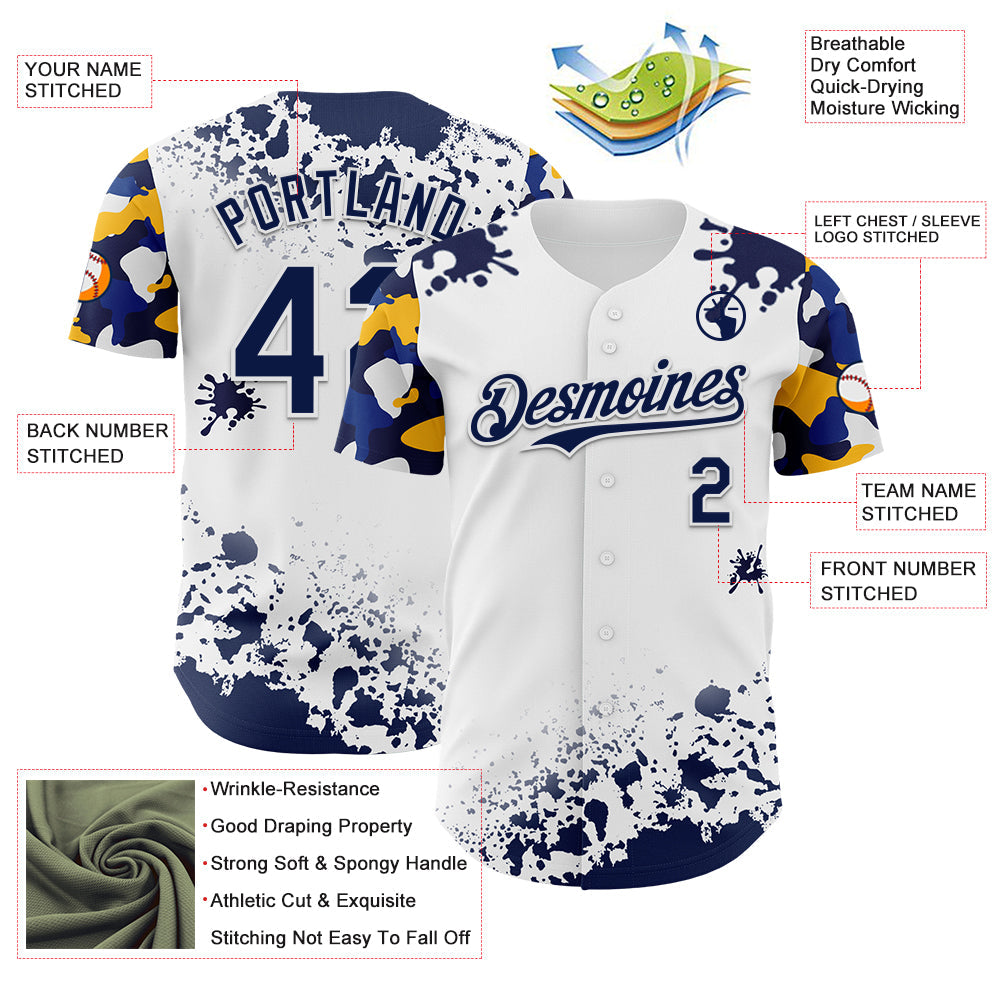 Custom White Navy-Yellow Splatter Camo Two Tone Authentic Baseball Jersey baseball jersey product view 3