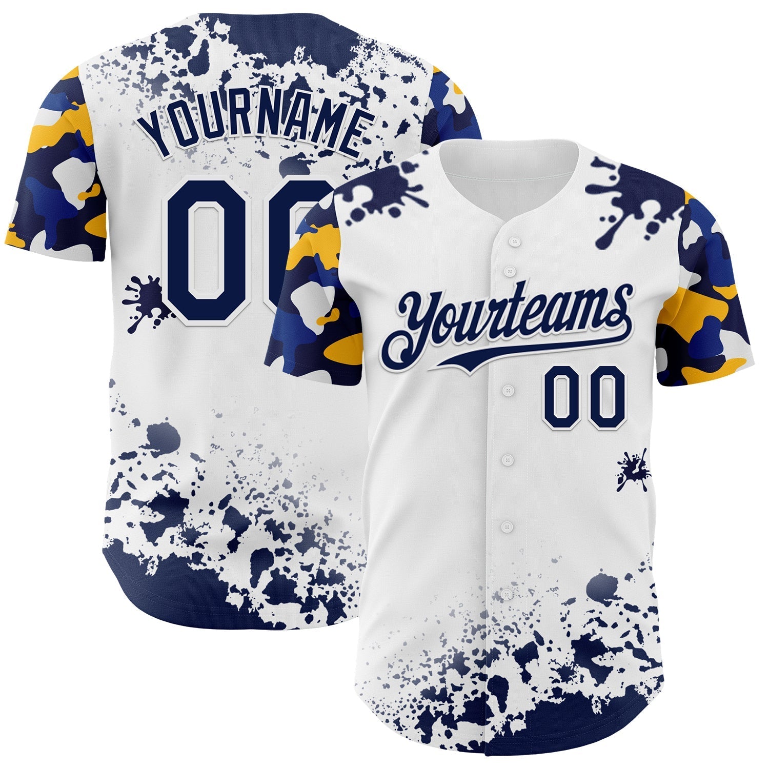 Custom White Navy-Yellow Splatter Camo Two Tone Authentic Baseball Jersey baseball jersey product view 1