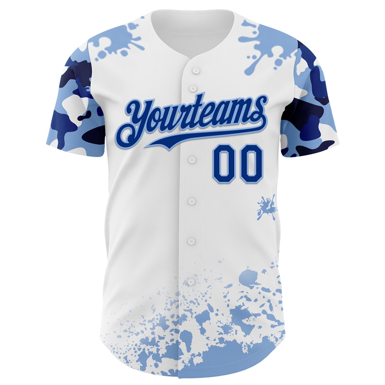 Custom White Royal-Light Blue Splatter Camo Two Tone Authentic Baseball Jersey baseball jersey product view 2