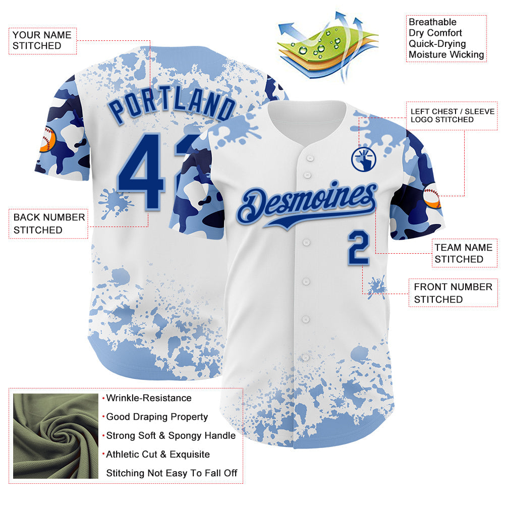 Custom White Royal-Light Blue Splatter Camo Two Tone Authentic Baseball Jersey baseball jersey product view 3