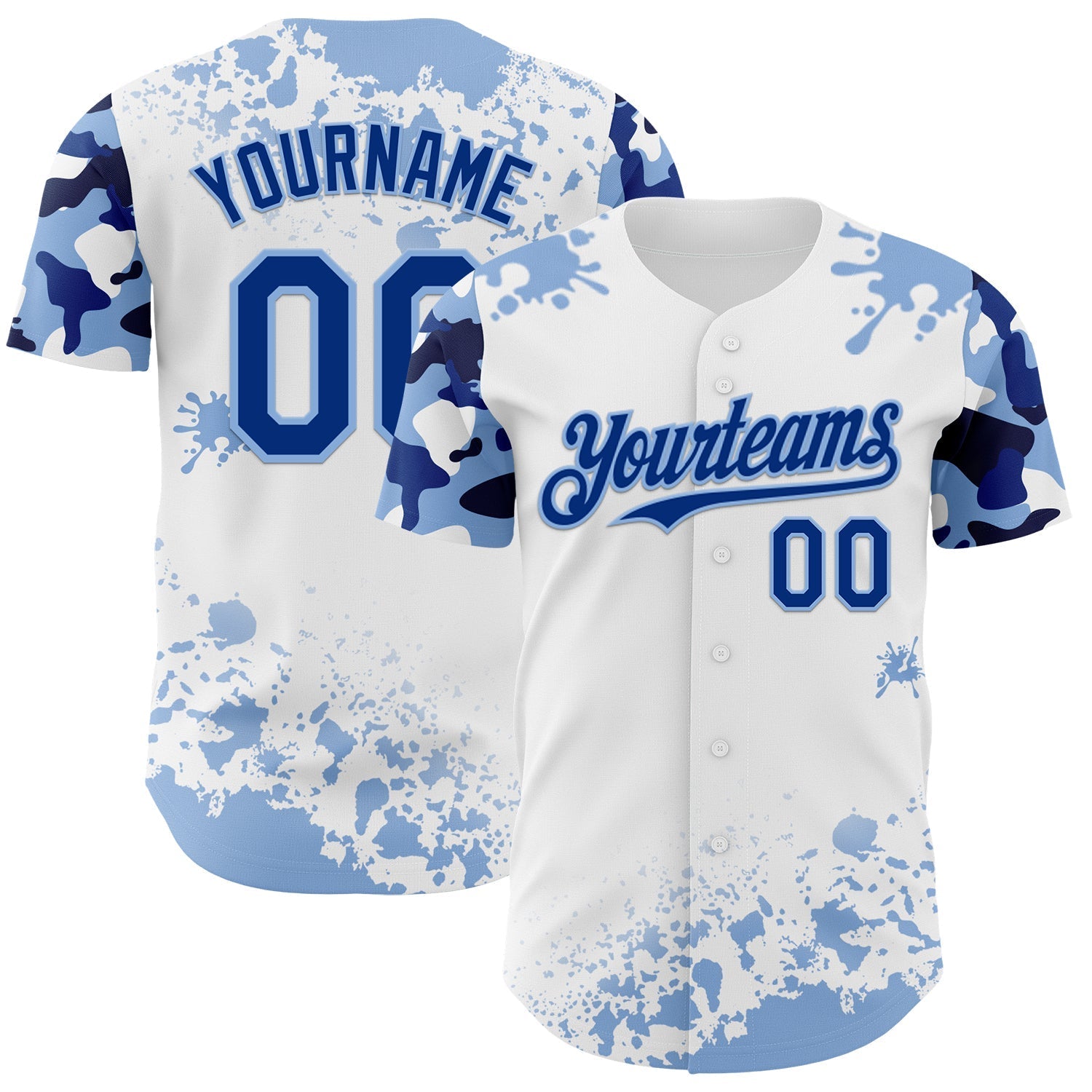 Custom White Royal-Light Blue Splatter Camo Two Tone Authentic Baseball Jersey baseball jersey product view 1