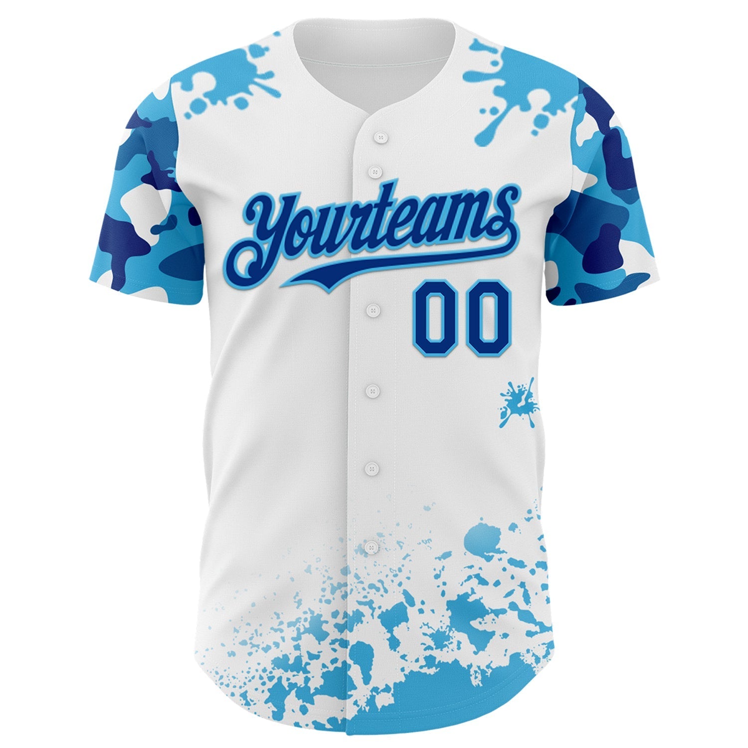 Custom White Royal-Sky Blue Splatter Camo Two Tone Authentic Baseball Jersey baseball jersey product view 2