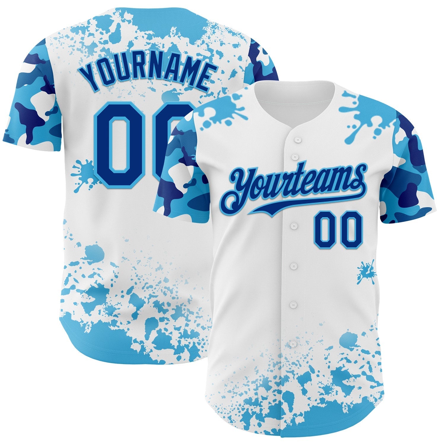 Custom White Royal-Sky Blue Splatter Camo Two Tone Authentic Baseball Jersey baseball jersey product view 1
