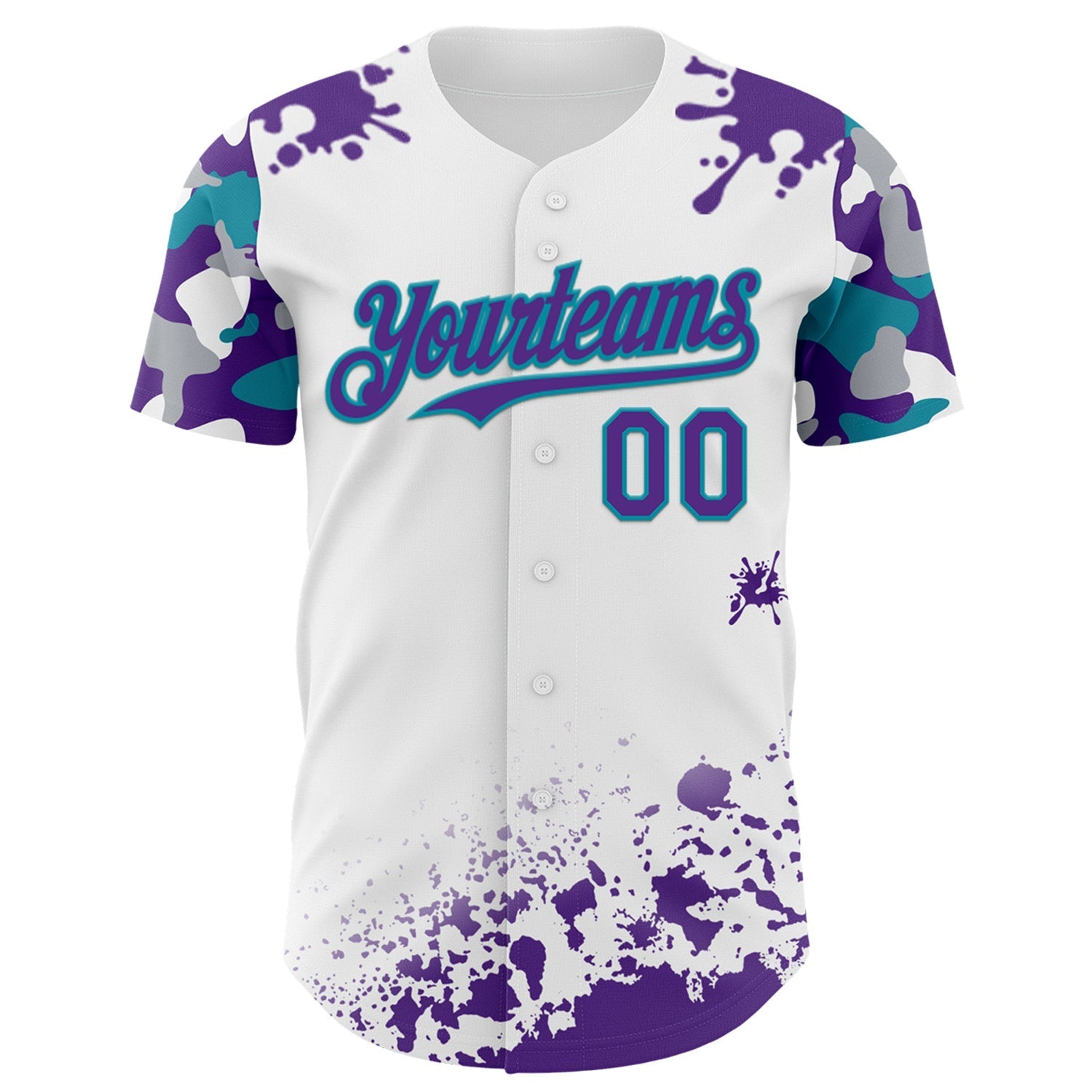 Custom White Purple Teal-Gray Splatter Camo Two Tone Authentic Baseball Jersey baseball jersey product view 2