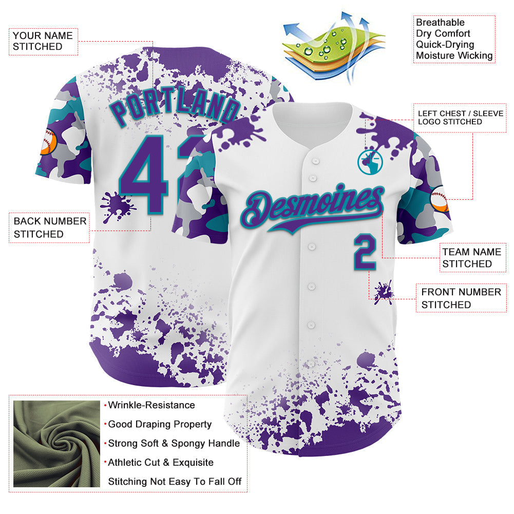 Custom White Purple Teal-Gray Splatter Camo Two Tone Authentic Baseball Jersey baseball jersey product view 3