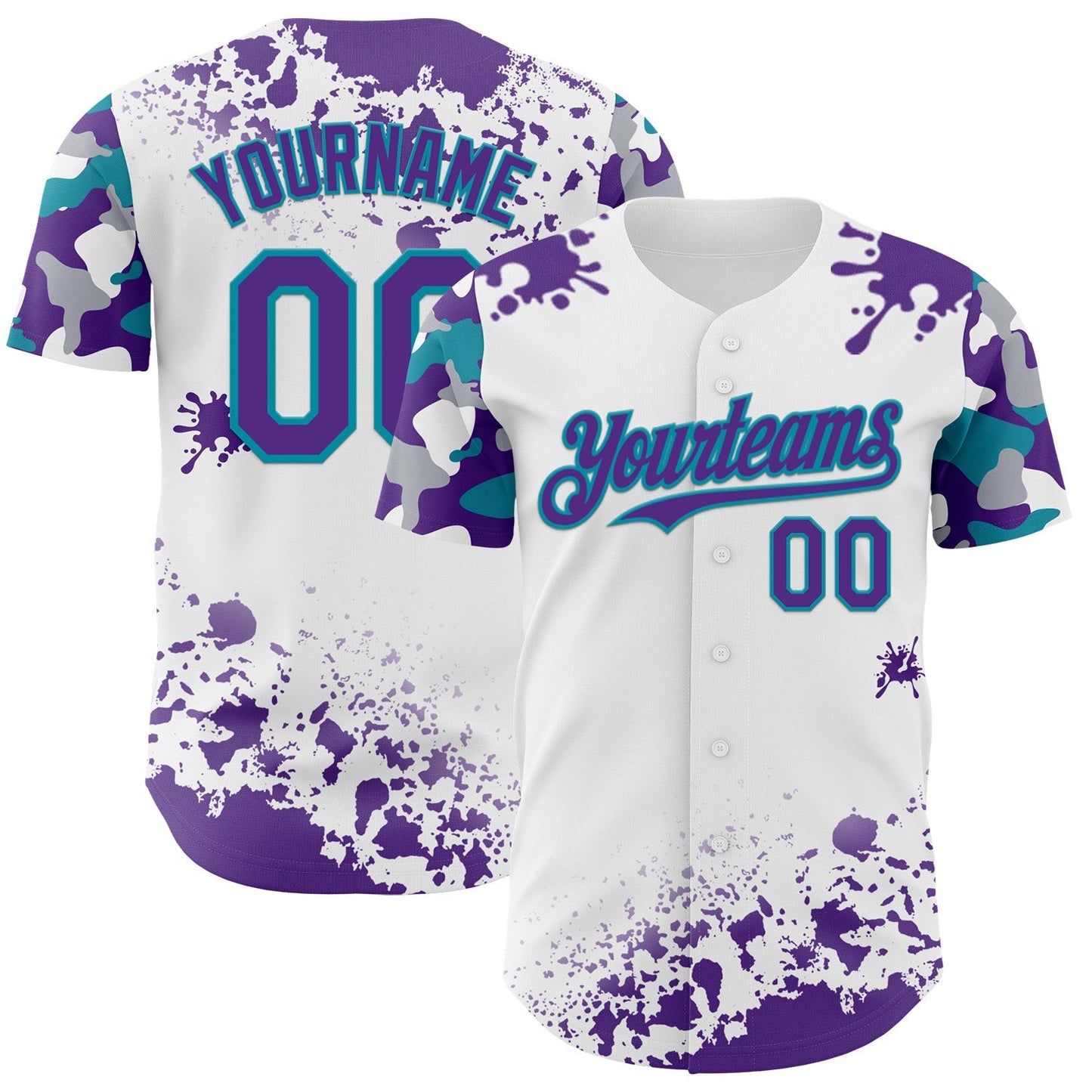Custom White Purple Teal-Gray Splatter Camo Two Tone Authentic Baseball Jersey baseball jersey product view 1