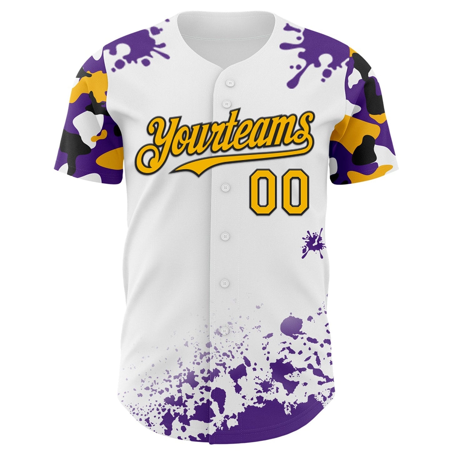Custom White Gold Black-Purple Splatter Camo Two Tone Authentic Baseball Jersey baseball jersey product view 2