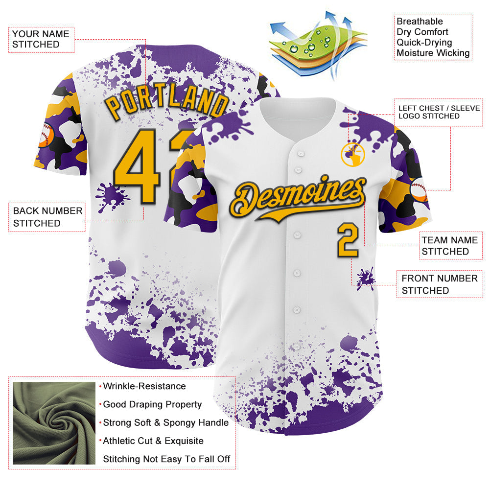 Custom White Gold Black-Purple Splatter Camo Two Tone Authentic Baseball Jersey baseball jersey product view 3