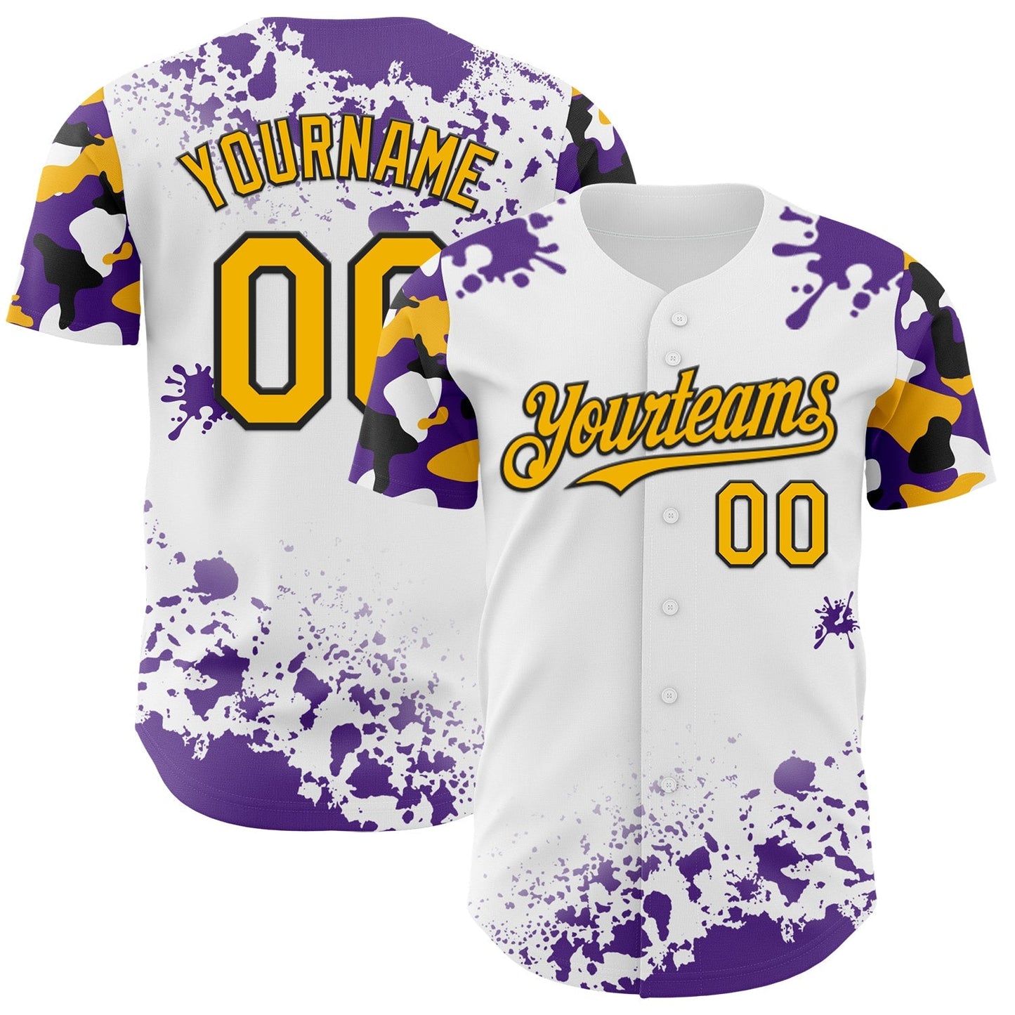 Custom White Gold Black-Purple Splatter Camo Two Tone Authentic Baseball Jersey baseball jersey product view 1