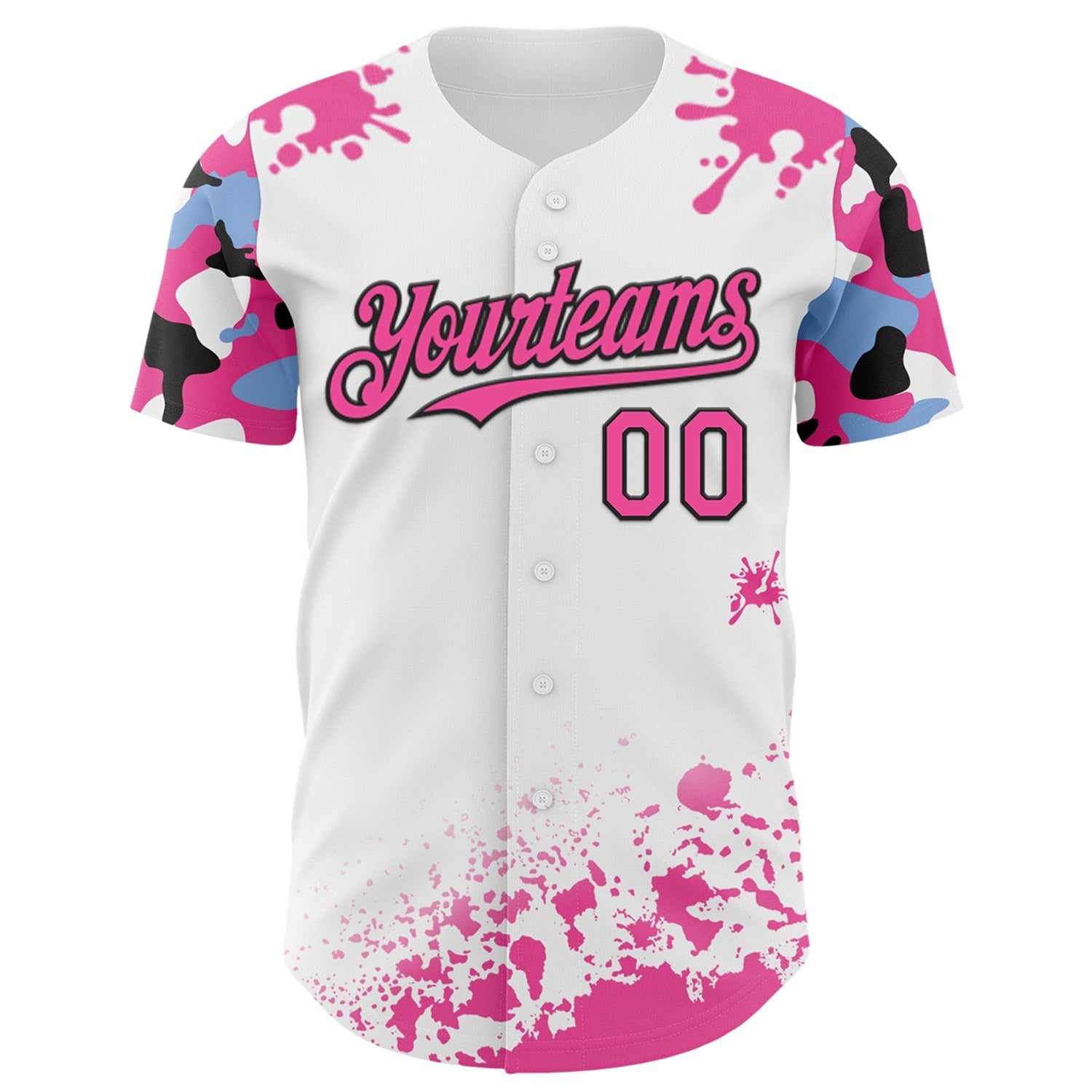 Custom White Pink Black-Blue Splatter Camo Two Tone Authentic Baseball Jersey baseball jersey product view 2