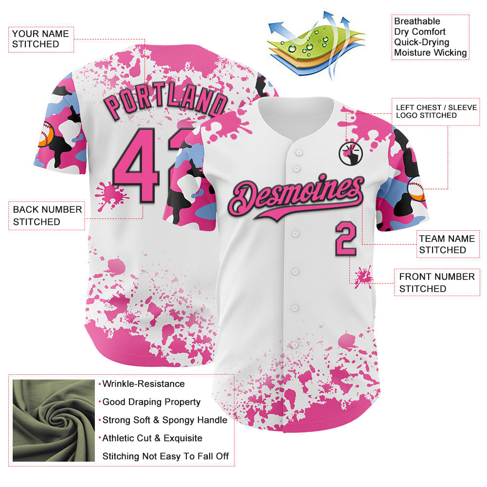 Custom White Pink Black-Blue Splatter Camo Two Tone Authentic Baseball Jersey baseball jersey product view 3