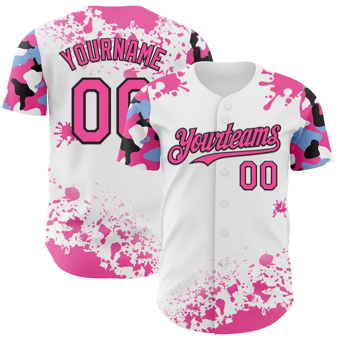 Custom White Pink Black-Blue Splatter Camo Two Tone Authentic Baseball Jersey baseball jersey product view 1
