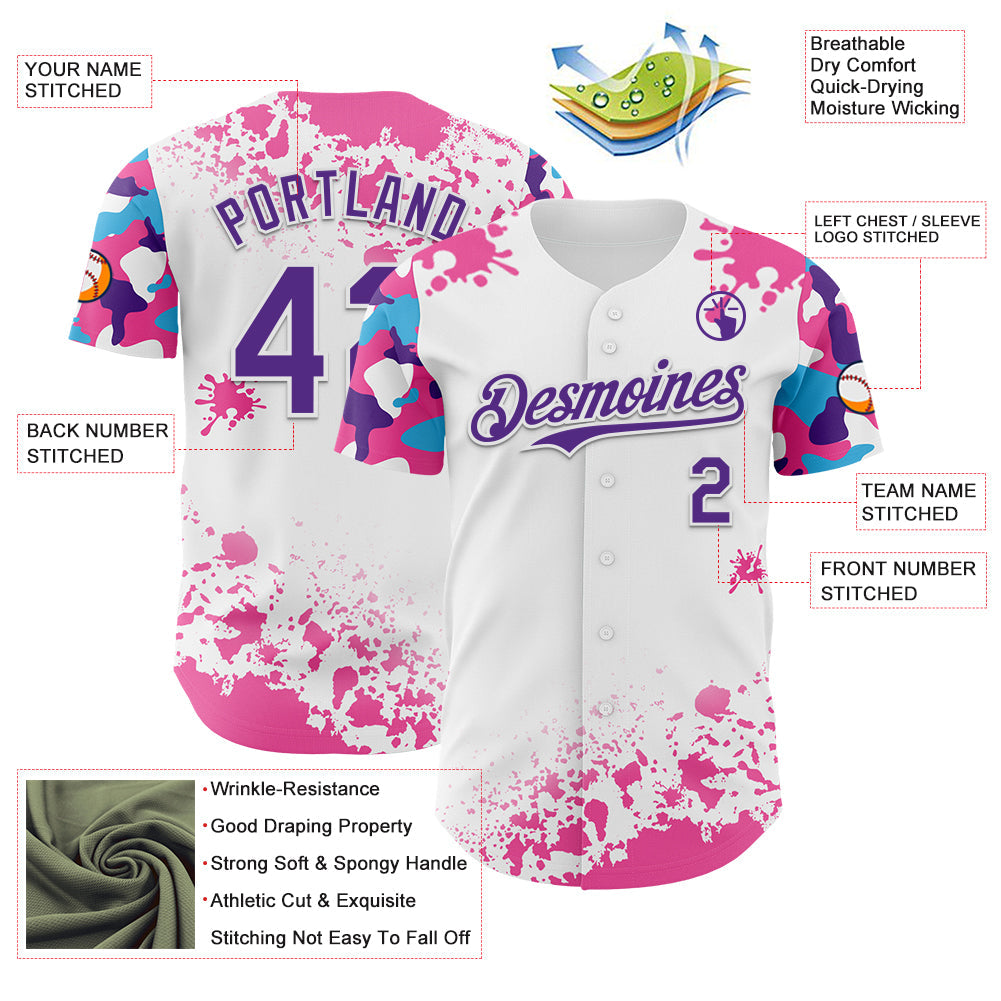 Custom White Purple Pink-Blue Splatter Camo Two Tone Authentic Baseball Jersey baseball jersey product view 3