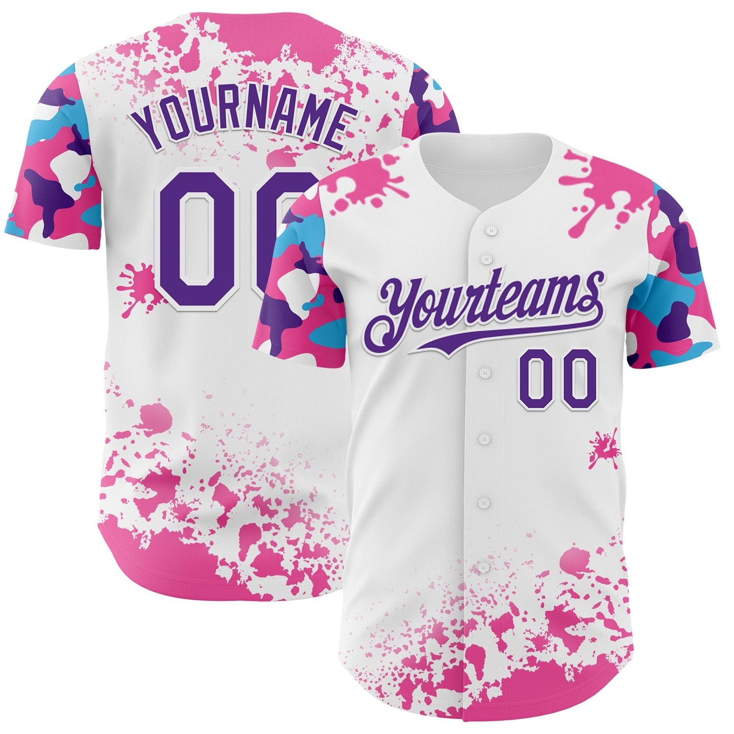 Custom White Purple Pink-Blue Splatter Camo Two Tone Authentic Baseball Jersey baseball jersey product view 1