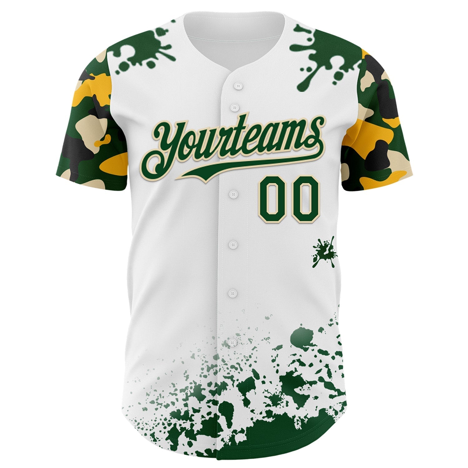 Custom White Green Cream-Yellow Splatter Camo Two Tone Authentic Baseball Jersey baseball jersey product view 2
