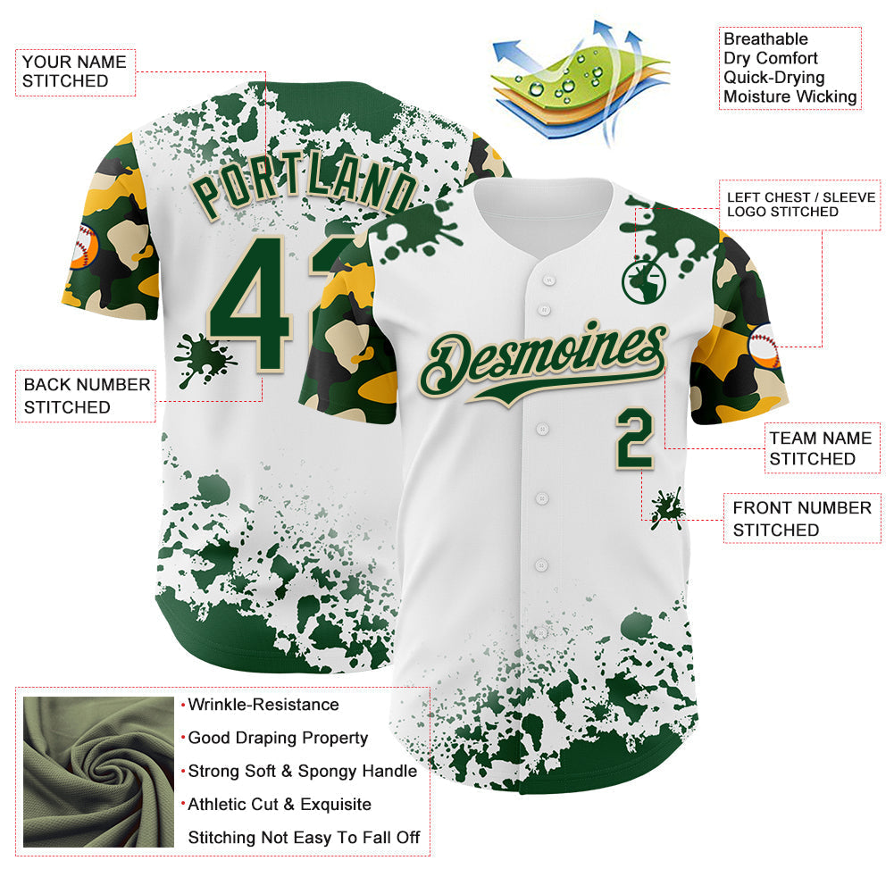 Custom White Green Cream-Yellow Splatter Camo Two Tone Authentic Baseball Jersey baseball jersey product view 3