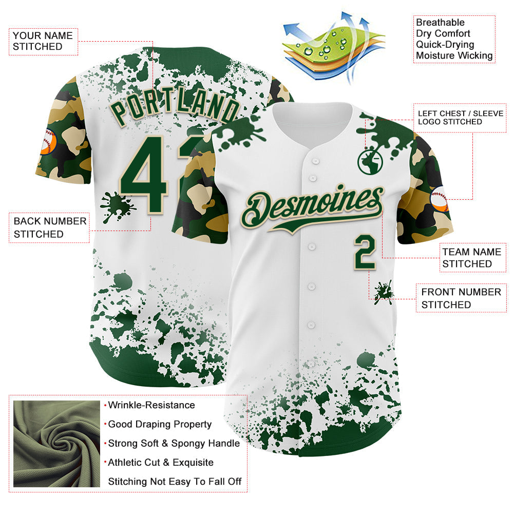 Custom White Green-Cream Splatter Camo Two Tone Authentic Baseball Jersey baseball jersey product view 3