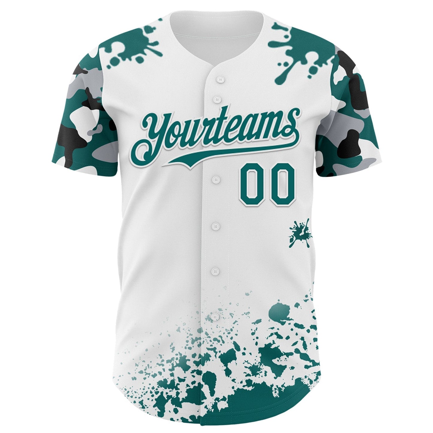 Custom White Teal Black-Gray Splatter Camo Two Tone Authentic Baseball Jersey baseball jersey product view 2
