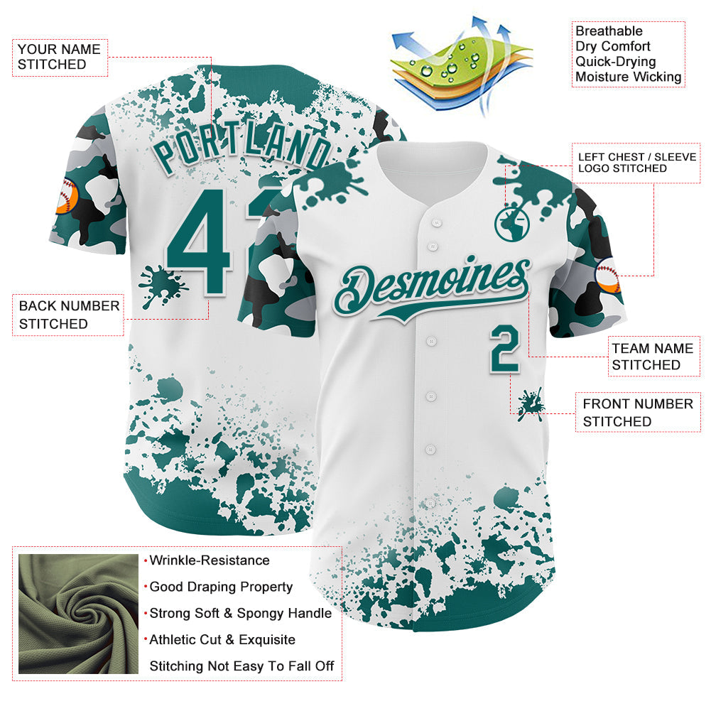 Custom White Teal Black-Gray Splatter Camo Two Tone Authentic Baseball Jersey baseball jersey product view 3