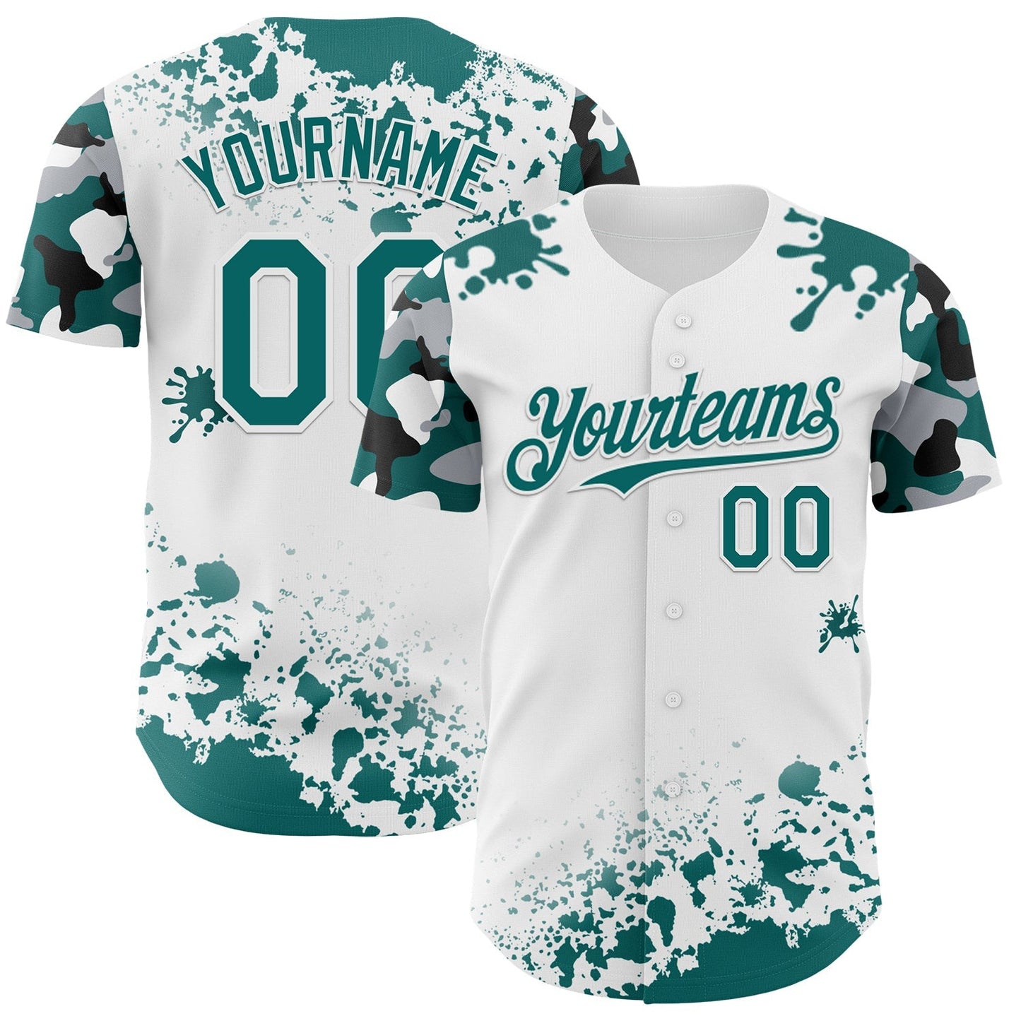 Custom White Teal Black-Gray Splatter Camo Two Tone Authentic Baseball Jersey baseball jersey product view 1