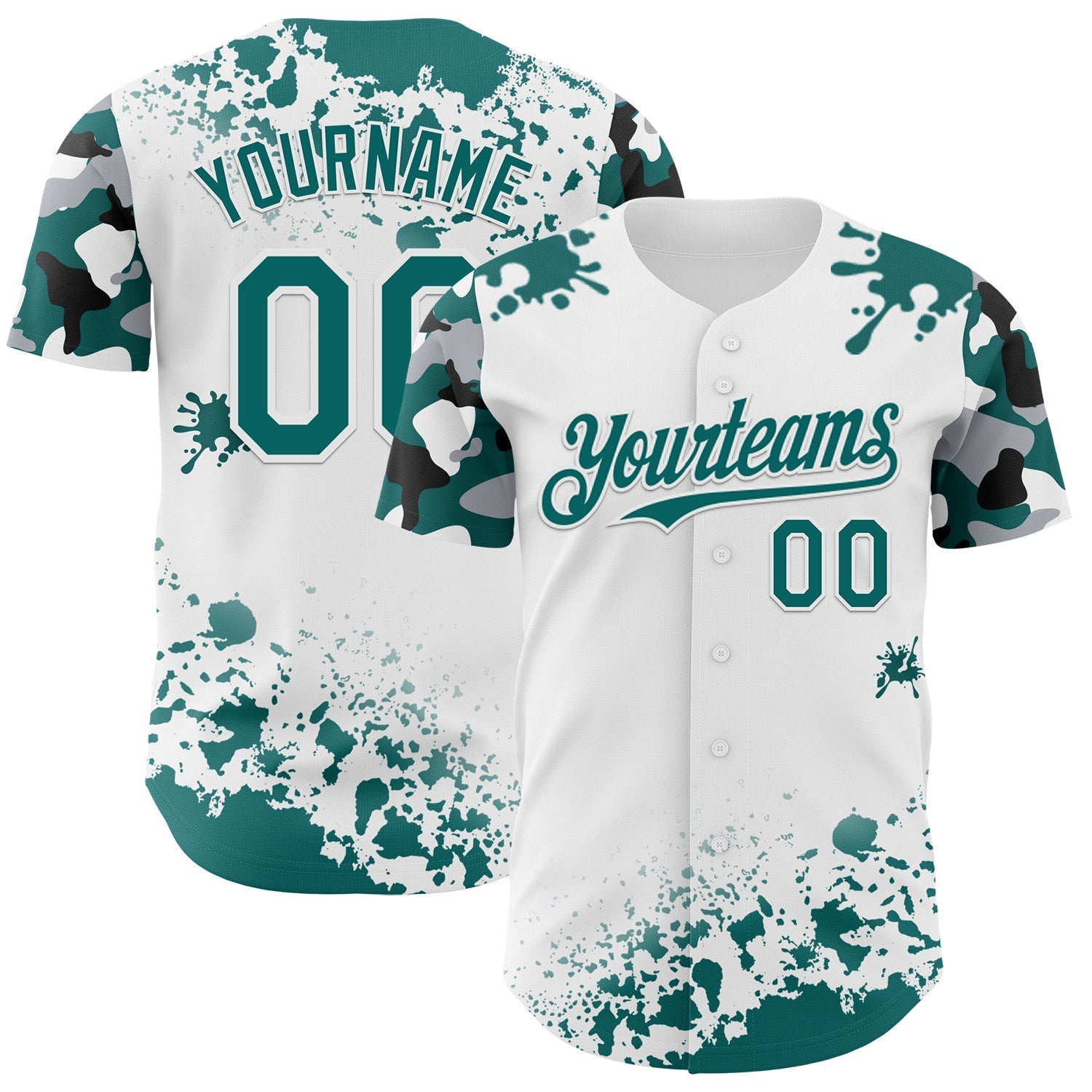 Custom White Teal Black-Gray Splatter Camo Two Tone Authentic Baseball Jersey baseball jersey product view 1
