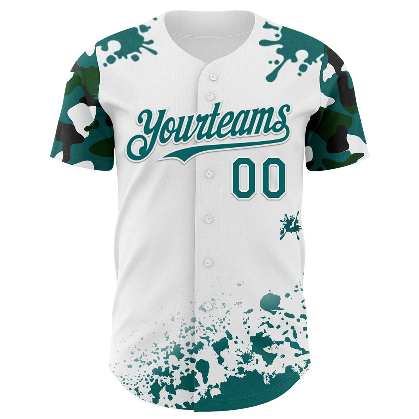 Custom White Teal-Black Splatter Camo Two Tone Authentic Baseball Jersey baseball jersey product view 2