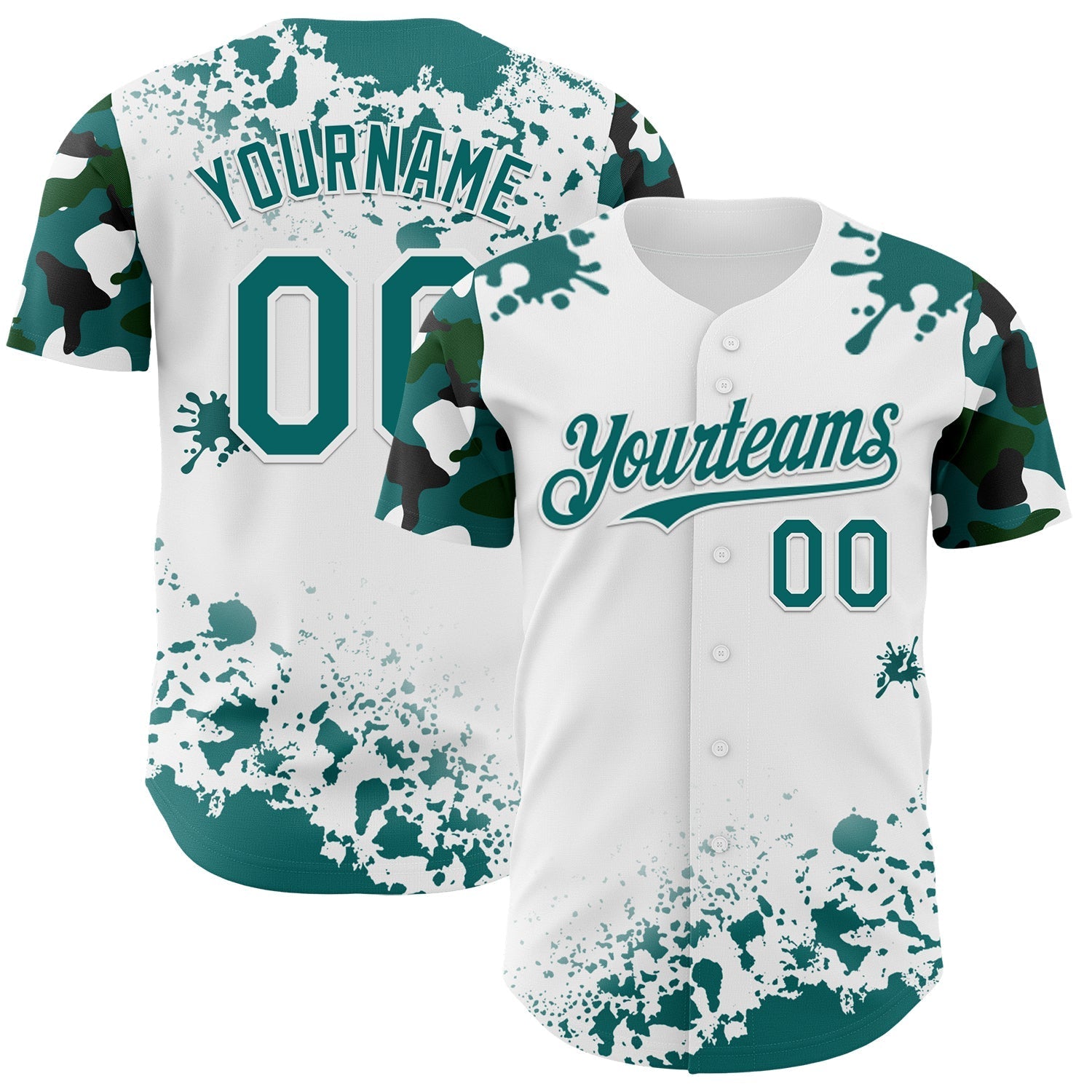 Custom White Teal-Black Splatter Camo Two Tone Authentic Baseball Jersey baseball jersey product view 1