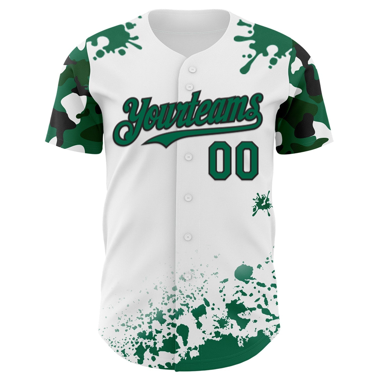 Custom White Kelly Green-Black Splatter Camo Two Tone Authentic Baseball Jersey baseball jersey product view 2