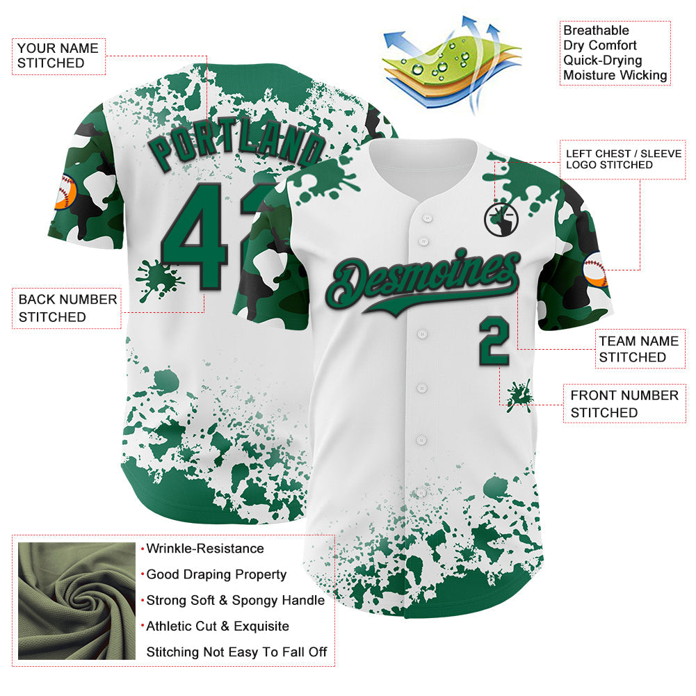 Custom White Kelly Green-Black Splatter Camo Two Tone Authentic Baseball Jersey baseball jersey product view 3