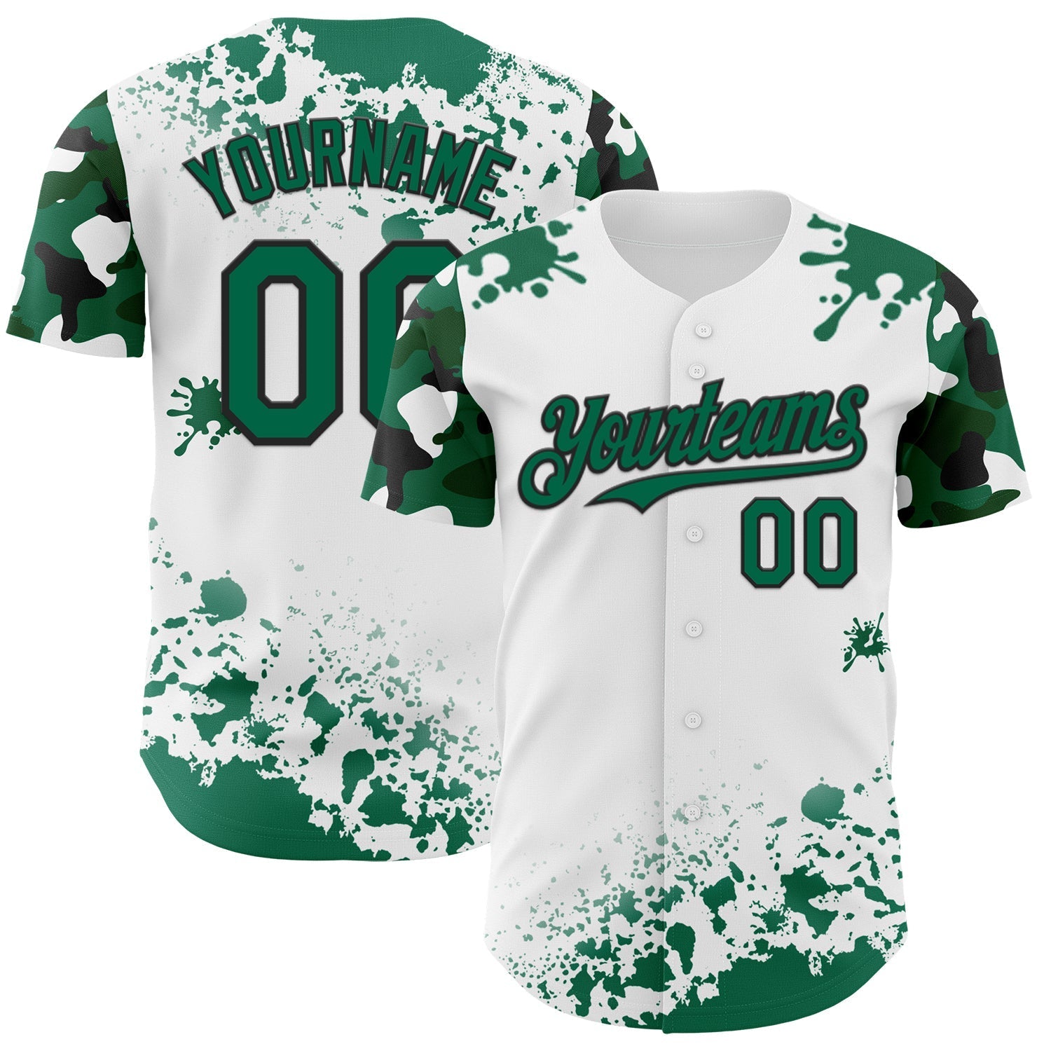 Custom White Kelly Green-Black Splatter Camo Two Tone Authentic Baseball Jersey baseball jersey product view 1