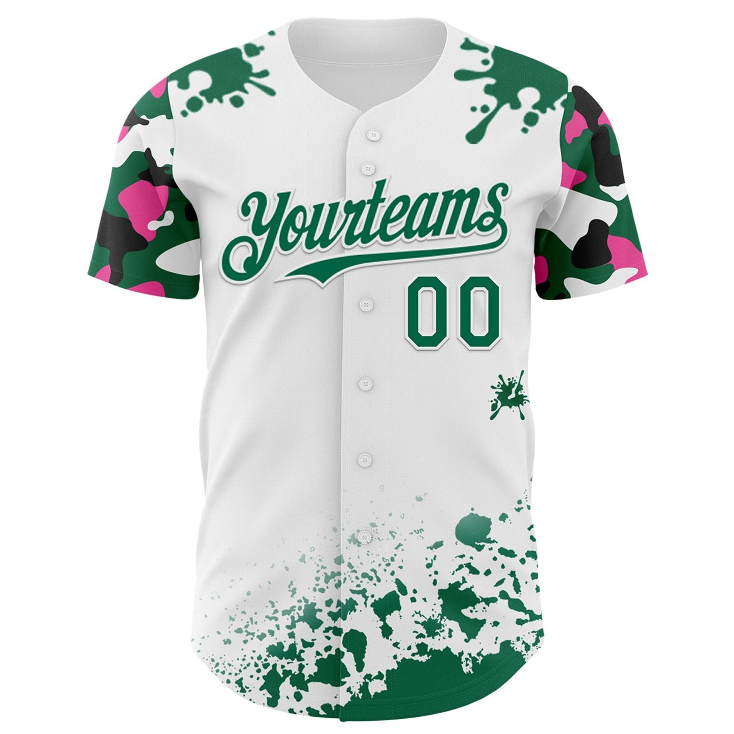 Custom White Kelly Green Pink-Black Splatter Camo Two Tone Authentic Baseball Jersey baseball jersey product view 2