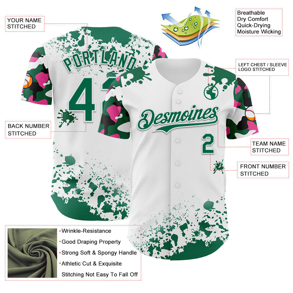 Custom White Kelly Green Pink-Black Splatter Camo Two Tone Authentic Baseball Jersey baseball jersey product view 3