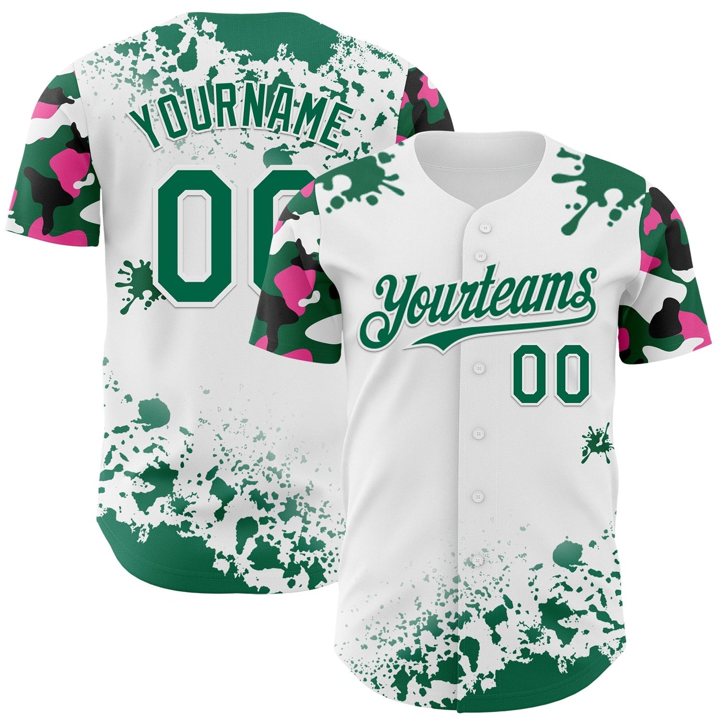 Custom White Kelly Green Pink-Black Splatter Camo Two Tone Authentic Baseball Jersey baseball jersey product view 1