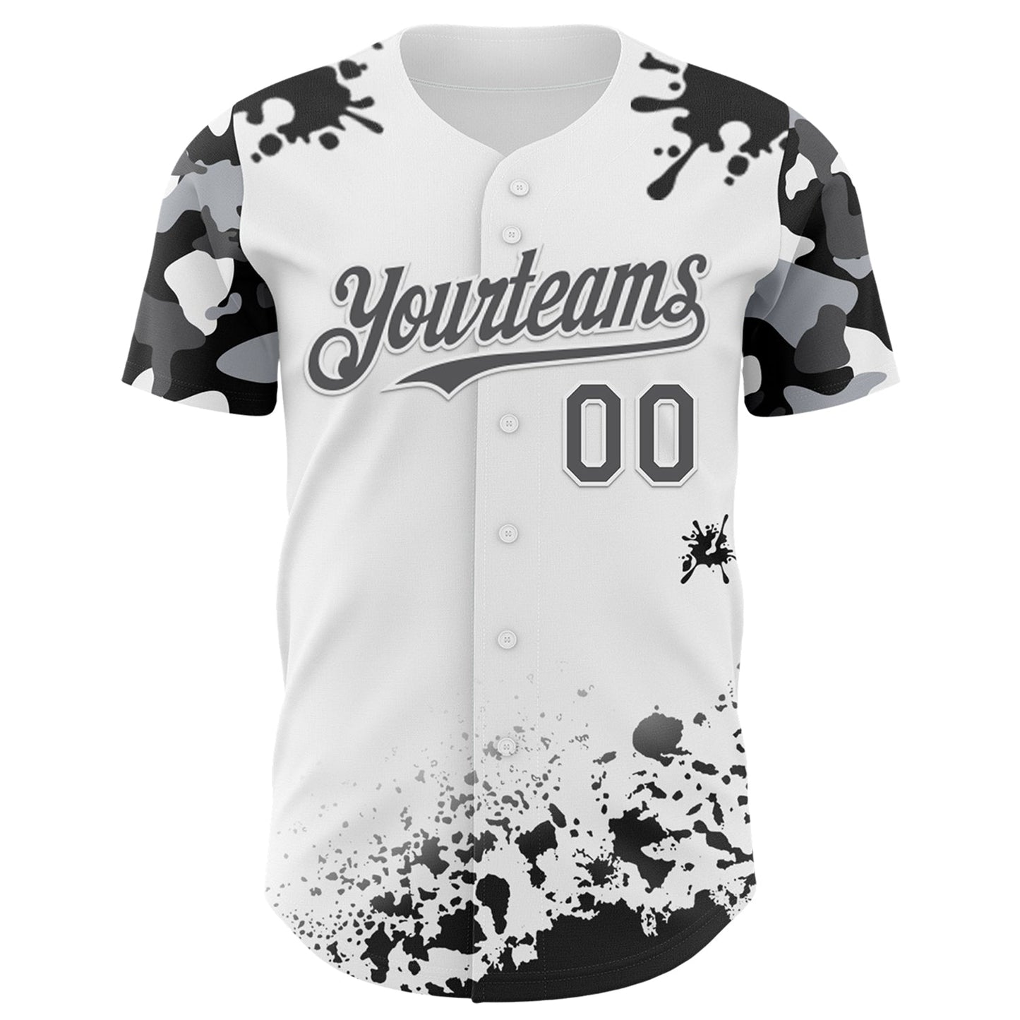 Custom White Steel Gray-Black Splatter Camo Two Tone Authentic Baseball Jersey baseball jersey product view 2
