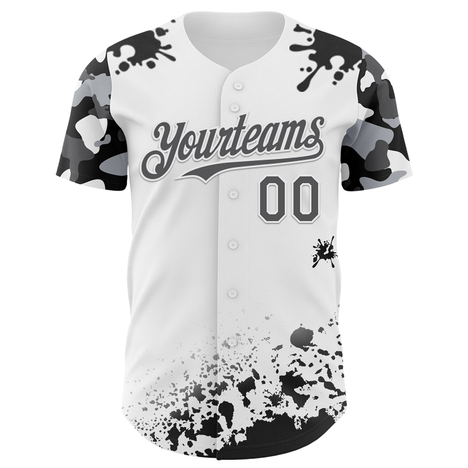 Custom White Steel Gray-Black Splatter Camo Two Tone Authentic Baseball Jersey baseball jersey product view 2